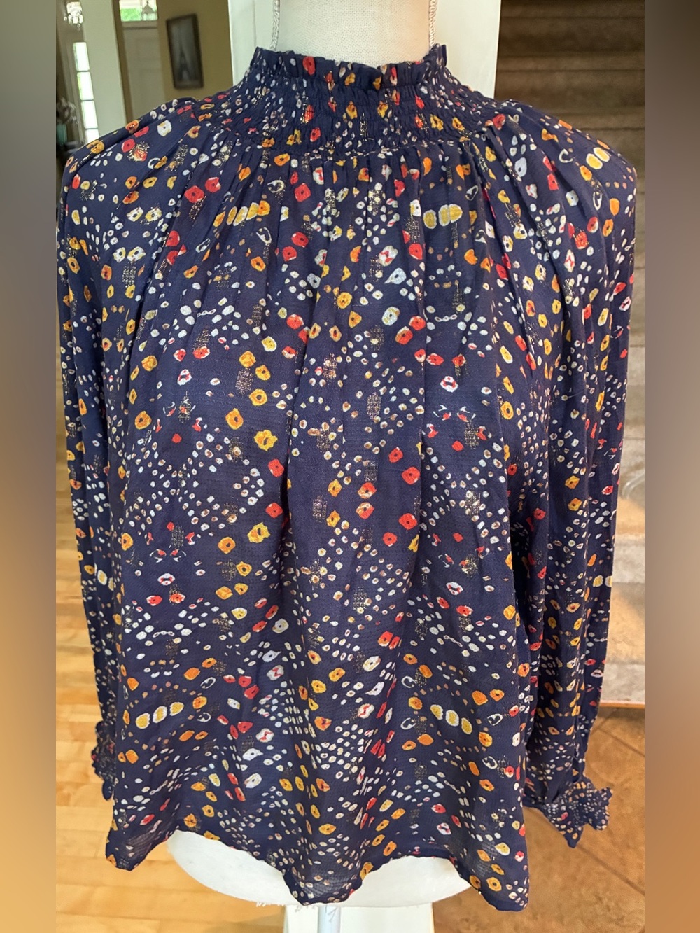 Oliphant Navy Floral Dot Print Smocked Metallic Blouse